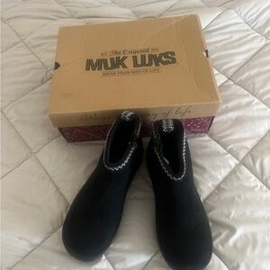 Muk Luks Black Suede-Look Slip-On Ankle Boots with Contrast Trim